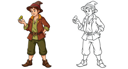 Adventurous Jack from Beanstalk Coloring Page with Both Colored and Outline Art Stylesのイラスト素材