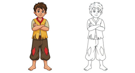 Melancholy Lonely Drum Player Coloring Page with Both Colored and Outline Versions for Kidsのイラスト素材