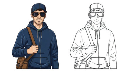 Courageous Lone Messenger Character Coloring Page Offering Full Color and Line Art Outlinesのイラスト素材