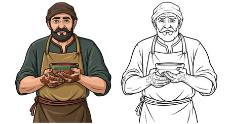 Craftsman Humble Potter Character Coloring Page with Colored and Line Art Outline Stylesのイラスト素材