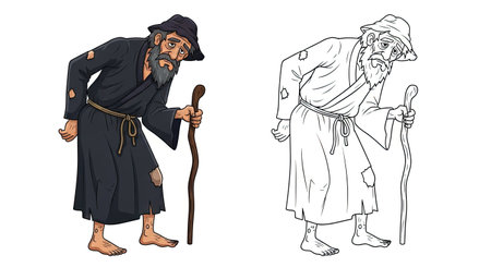Humble Old Beggar Man Coloring Page with Both Colored and Outline Art Views for Kidsのイラスト素材