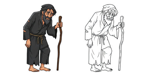 Old Beggar Man Coloring Page with Detailed Colored and Outline Views Printable Designのイラスト素材