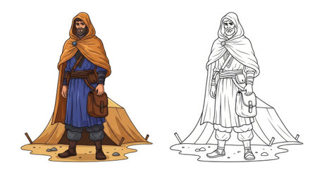 Wandering Lonely Nomad Character Coloring Page with Both Colored and Outline Art Viewsのイラスト素材