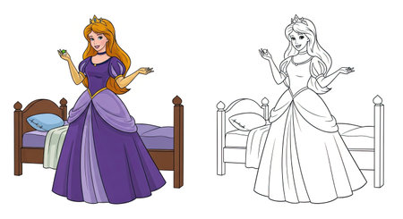 Princess and the Pea Character Coloring Page with Colored and Outline Poses Printableのイラスト素材