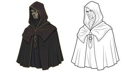 Intriguing Mysterious Stranger Character Coloring Page with Colored and Outline Art Stylesのイラスト素材