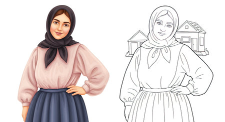 Quiet Village Mother Coloring Page with Colored and Outline Pose Printable Illustrationのイラスト素材