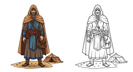 Independent Lonely Nomad Character Coloring Page Offering Full Color and Line Art Outlinesのイラスト素材