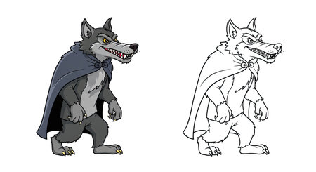 The Big Bad Wolf Coloring Page with Vivid Colored and Outline Printable Versionsのイラスト素材