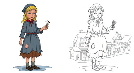 The Little Match Girl Coloring Page with Colored and Outline Character Printable Artのイラスト素材