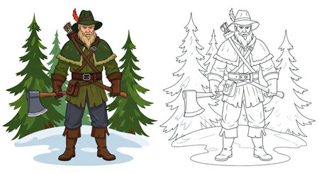 The Huntsman Character Coloring Page with Colored and Outline Printable Illustrationのイラスト素材