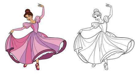 Twelve Dancing Princesses Coloring Page One Princess Dual Styles Printable Designのイラスト素材