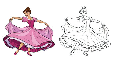 Twelve Dancing Princesses Coloring Page One Princess Dual Versions Art Activityのイラスト素材