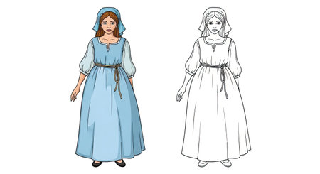 Thoughtful Peasant Girl Coloring Page with Colored and Outline Printable Versionsのイラスト素材