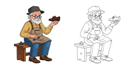 The Shoemaker Character Coloring Page with Full Colored and Outline Styles for Artのイラスト素材