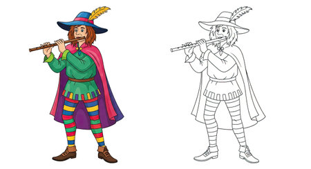The Pied Piper Coloring Page with Colored and Outline Versions for Art Funのイラスト素材