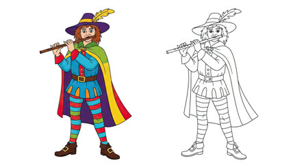 The Pied Piper Coloring Page with Colored and Outline Forms Printable Designのイラスト素材