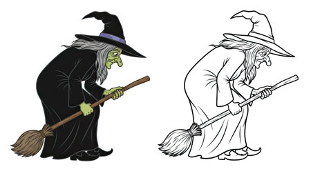 The Witch in the Woods Coloring Page with Colored and Outline Versions for Art Funのイラスト素材