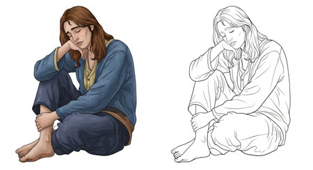 Wandering Poet Character Coloring Page with Colored and Outline Art Styles Printableのイラスト素材