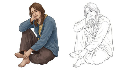 Wandering Poet Character Coloring Page with Full Colored and Outline Versions for Art Funのイラスト素材