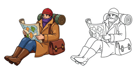 Traveling Trader Coloring Page with Colored and Outline Printable Versionsのイラスト素材