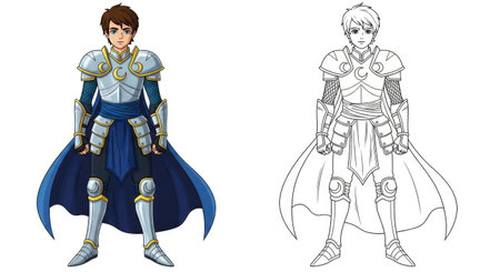 Moonlight Swordsman Boy Coloring Page with Vibrant Colored and Detailed Outline Armor for Kidsのイラスト素材