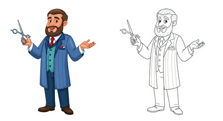 The Barber Character Coloring Page Featuring Vibrant Colored and Simple Outline Versionsのイラスト素材