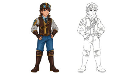 Steampunk Inventor Boy Coloring Page with Dynamic Colored and Detailed Outline Designs for Kidsのイラスト素材