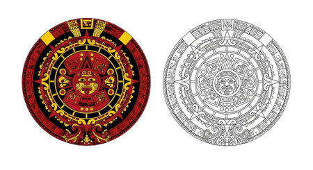 Historical Aztec Calendar Inspired Mandala Coloring Page in Full Color and Detailed Line Art