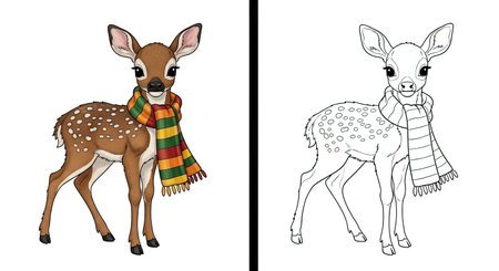 Cute Baby Deer with a Scarf Fall Coloring Page for Children Woodland Animal Activityのイラスト素材