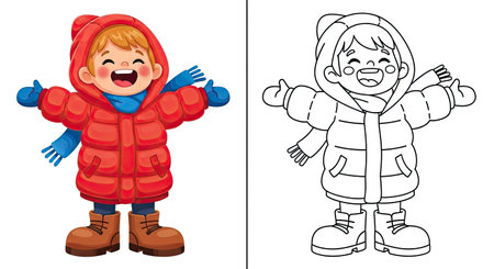 Laughing Child in a Puffy Coat Coloring Page Fun Winter Season Outdoor Play Activityのイラスト素材