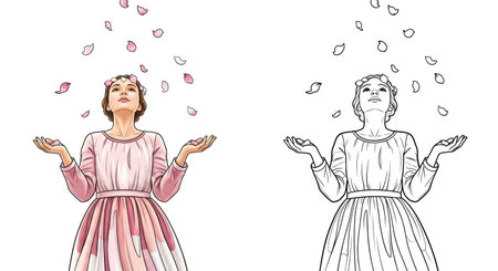 Happy Girl Catching Petals in Spring Time Fun Kids Line Art Drawing Coloring Pageのイラスト素材