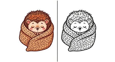 Cute Sleeping Hedgehog in a Blanket Coloring Page Kids Cozy Autumn Animal Art Activityのイラスト素材