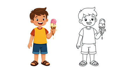 Summer Boy with Ice Cream Coloring Page Fun Kids Summer Treats and Warm Weatherのイラスト素材