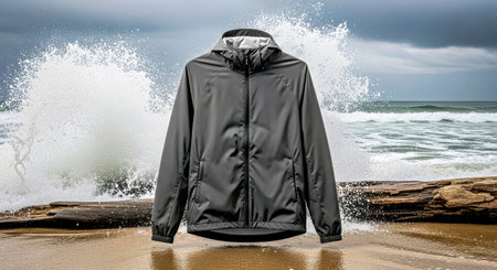 Photorealistic Blank Water-Resistant Running Jacket Mockup on a Stormy Beach