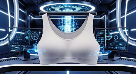 Advanced AI Training Sports Bra Mockup with Pulsating Energy Core Sci Fi Futuristic Style