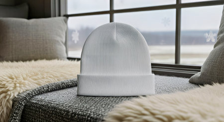 Photorealistic Blank Beanie Mockup in a Cozy Scandinavian Winter Nook Interior