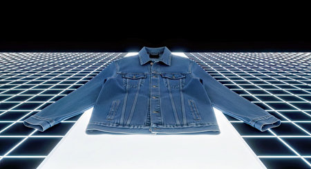 Blank Relaxed Fit Denim Jacket Mockup on Abstract Digital Grid