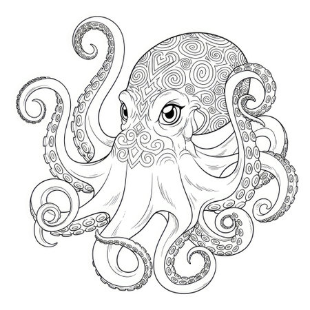 Whimsical Anime Style African Octopus Coloring Page for Children Detailed Sea Life Artのイラスト素材