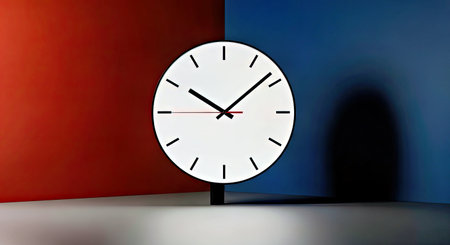 Abstract Wall Clock Mockup with a Blank Face on a Wall in a Geometric Studio