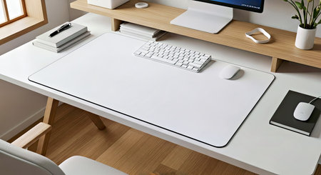 Aesthetic Blank Ergonomic Desk Mat Mockup in an Ultra Modern Home Office