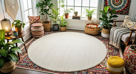 Bohemian Blank Round Area Rug Mockup in a Sunlit Eclectic Room Interior Designの写真素材
