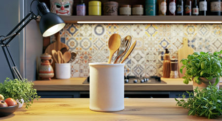 Eclectic Kitchen Mockup Blank Hand Painted Ceramic Utensil Holder