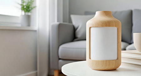 Nordic Light Wood Candle Holder Mockup in a Serene Interior Settingの写真素材