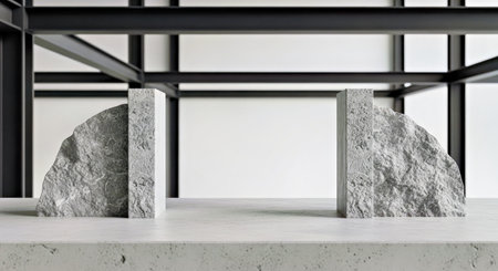 Brutalist Blank Raw Stone Bookends Mockup on an Unfinished Concrete Deskの写真素材