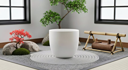 Japandi Blank Ceramic Planter Pot Mockup Tranquil Zen Garden Interiorの写真素材