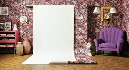 Whimsical Maximalist Patterned Wallpaper Mockup with Theatrical Light Wall Display