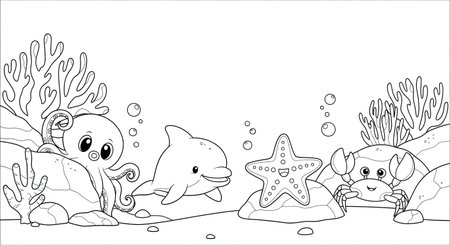 Minimalist Anime Style Ocean Creatures Fun Discovery Coloring Page Kids Marine Lifeのイラスト素材