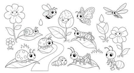 Minimalist Anime Style Insects Nature Learning Coloring Page Kids Educational Funのイラスト素材