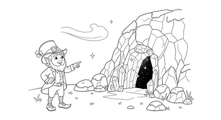 Lucky Leprechaun in Crystal Caves Fantasy Coloring Page For Children's Funのイラスト素材