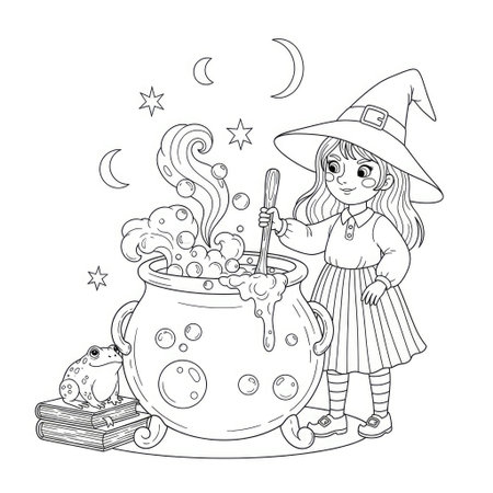 Little Witch Potion and a Bubbly Cauldron Black and White Line Art Coloringのイラスト素材